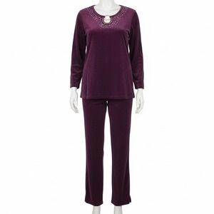 Quacker Factory Velour Lounge Set M Purple Purple Embellished Top‎ Pants Casual